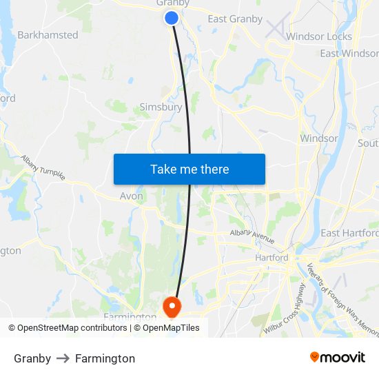 Granby to Farmington map