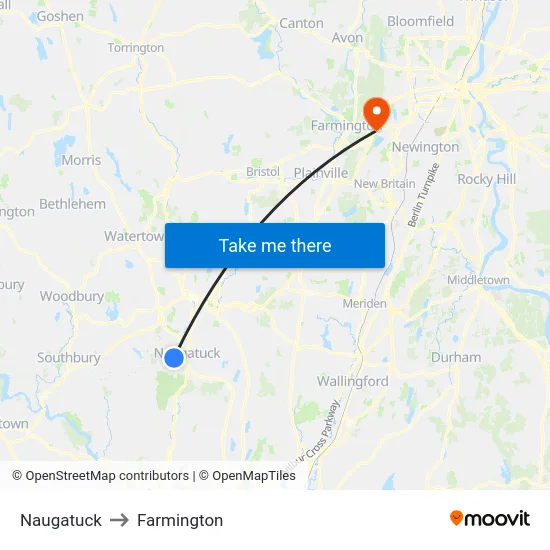 Naugatuck to Farmington map