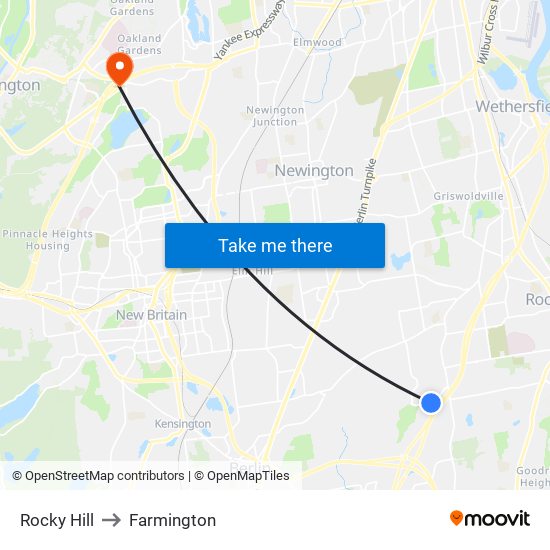 Rocky Hill to Farmington map