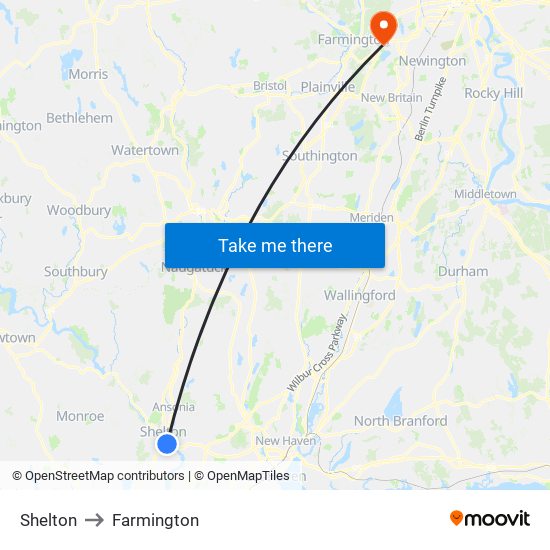 Shelton to Farmington map