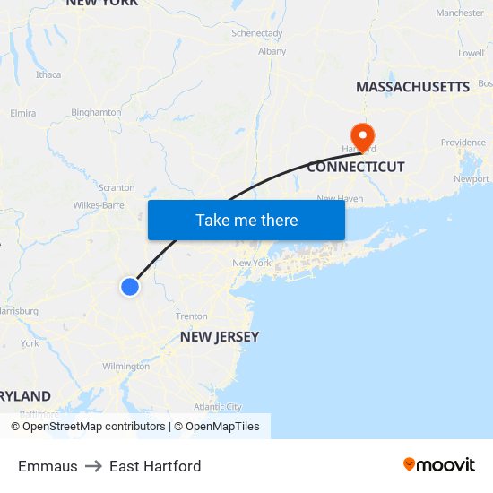 Emmaus to East Hartford map