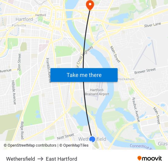 Wethersfield to East Hartford map