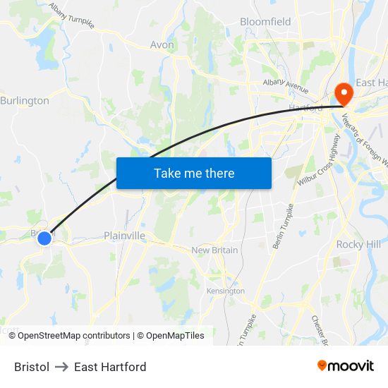 Bristol to East Hartford map