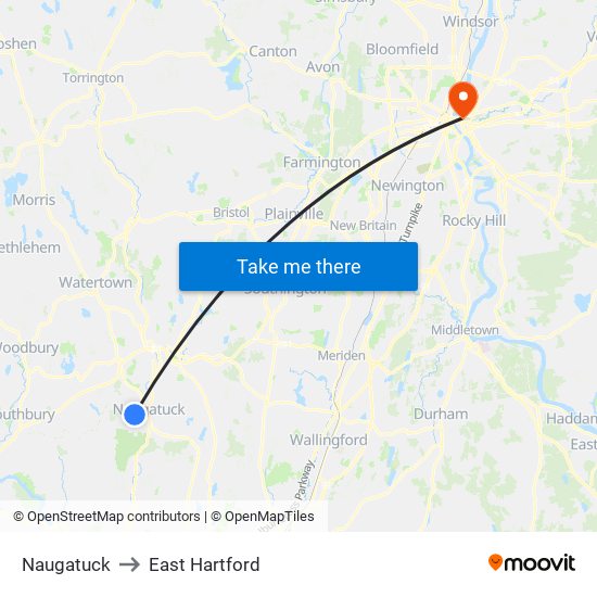 Naugatuck to East Hartford map