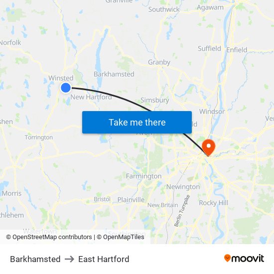 Barkhamsted to East Hartford map
