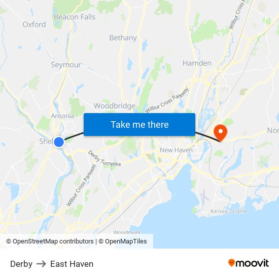 Derby to East Haven map