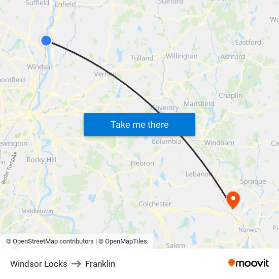 Windsor Locks to Franklin map