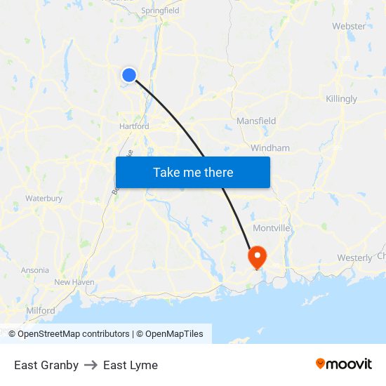 East Granby to East Lyme map