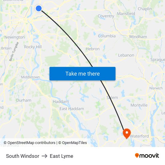 South Windsor to East Lyme map