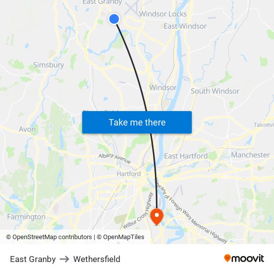 East Granby to Wethersfield map