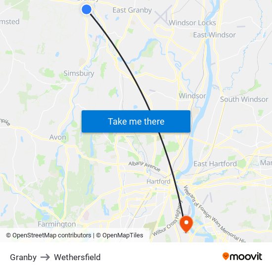 Granby to Wethersfield map