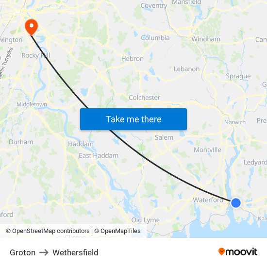 Groton to Wethersfield map