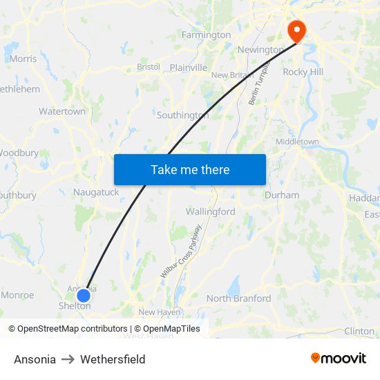 Ansonia to Wethersfield map
