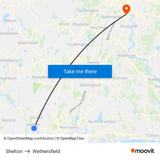 Shelton to Wethersfield map