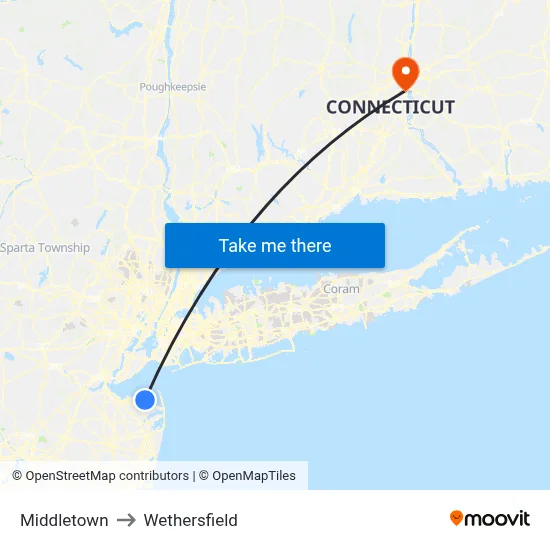 Middletown to Wethersfield map