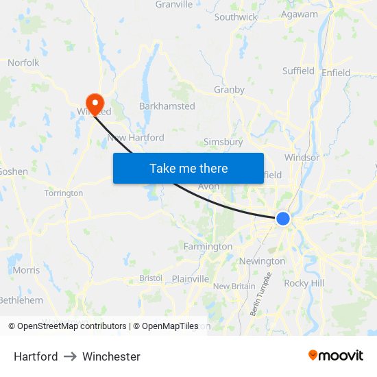 Hartford to Winchester map