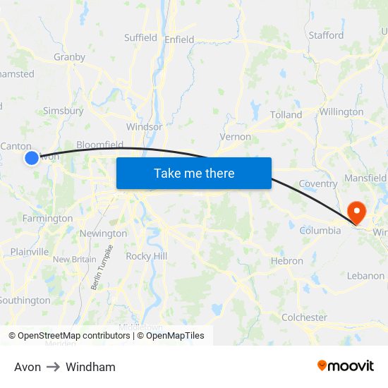 Avon to Windham map