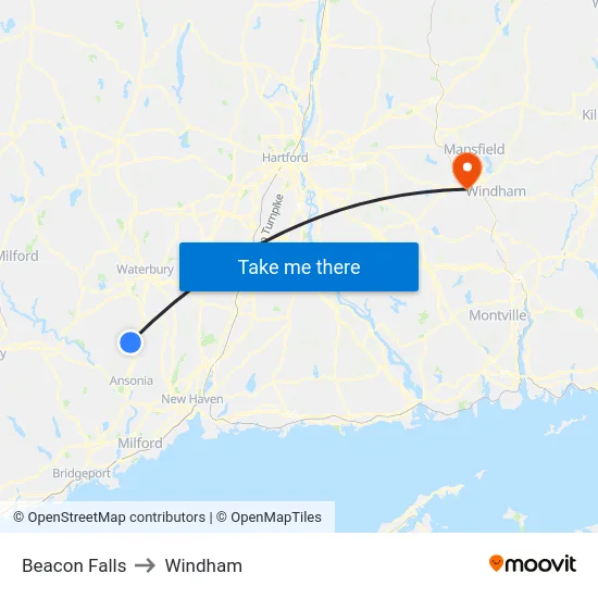 Beacon Falls to Windham map