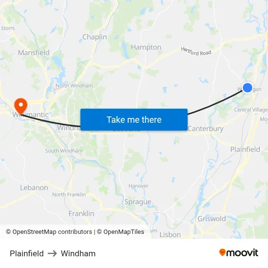 Plainfield to Windham map