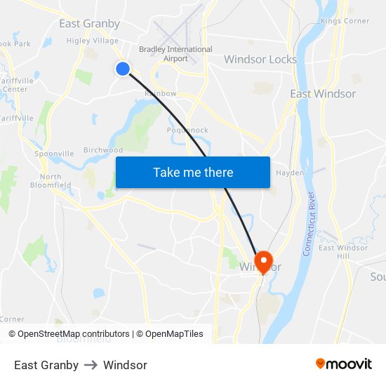 East Granby to Windsor map