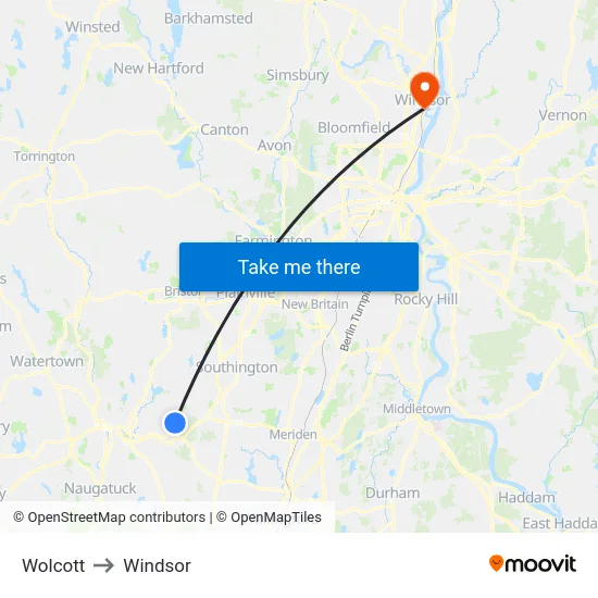 Wolcott to Windsor map