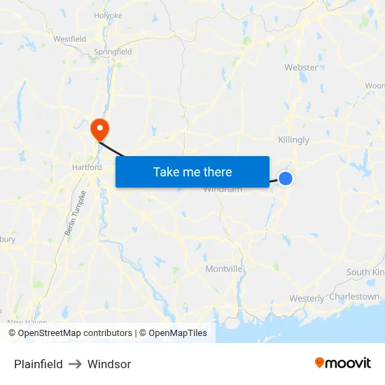 Plainfield to Windsor map