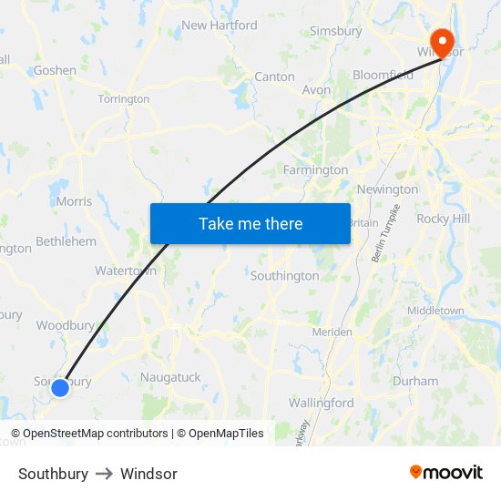 Southbury to Windsor map