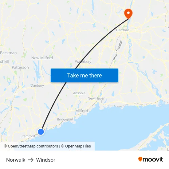 Norwalk to Windsor map