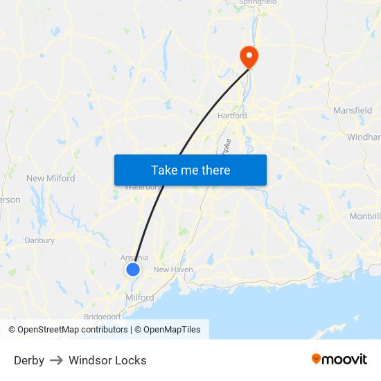 Derby to Windsor Locks map