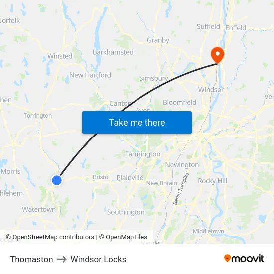 Thomaston to Windsor Locks map