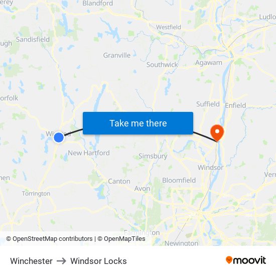 Winchester to Windsor Locks map