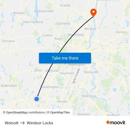 Wolcott to Windsor Locks map