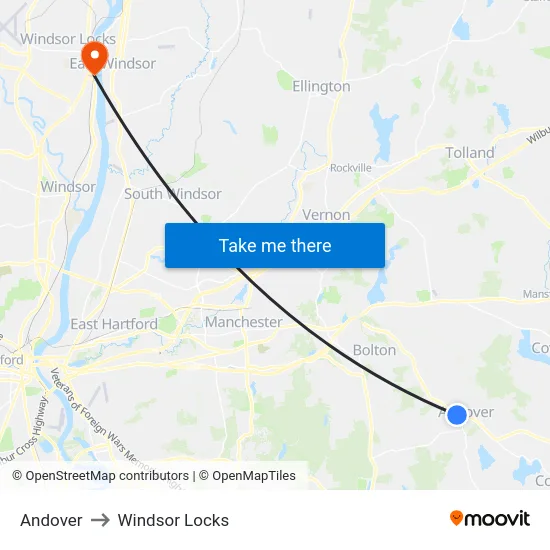Andover to Windsor Locks map