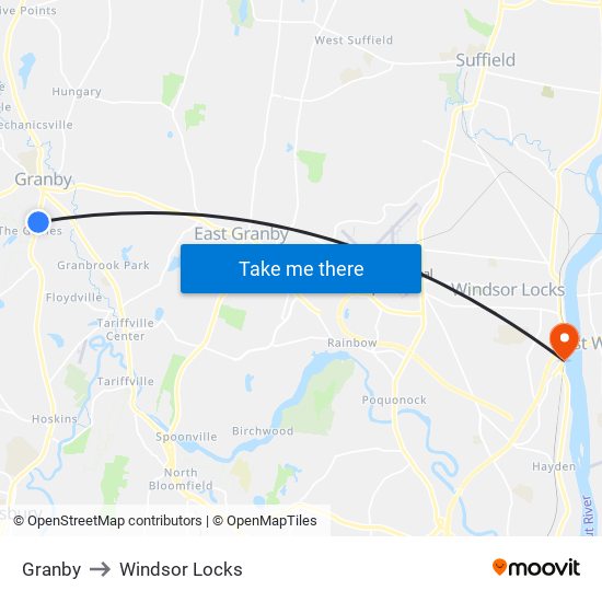 Granby to Windsor Locks map