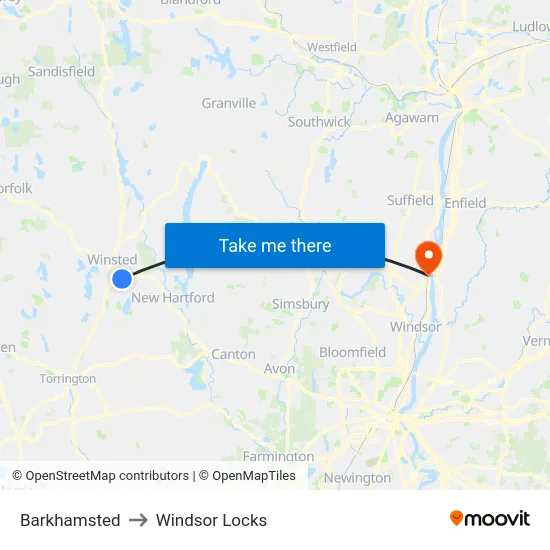 Barkhamsted to Windsor Locks map