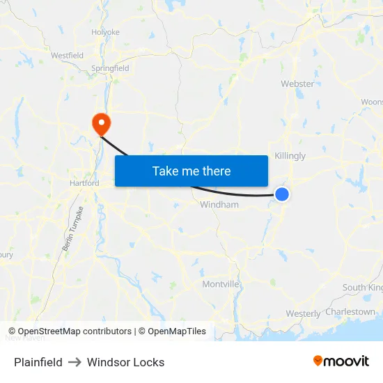 Plainfield to Windsor Locks map