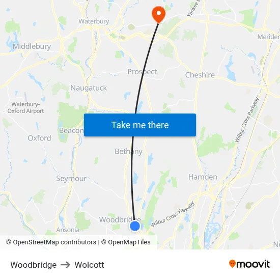 Woodbridge to Wolcott map