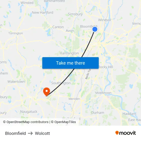 Bloomfield to Wolcott map