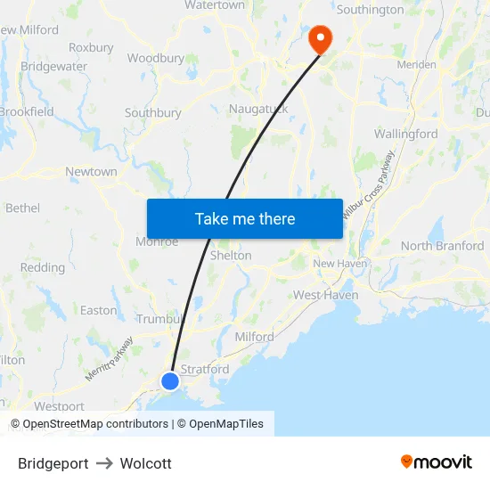 Bridgeport to Wolcott map