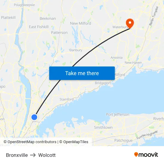 Bronxville to Wolcott map