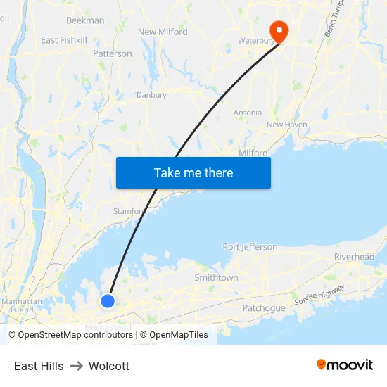 East Hills to Wolcott map