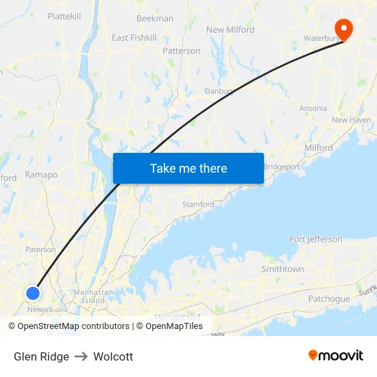 Glen Ridge to Wolcott map