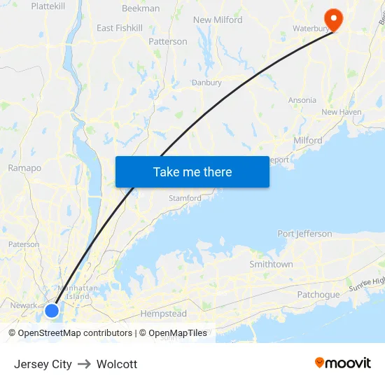 Jersey City to Wolcott map
