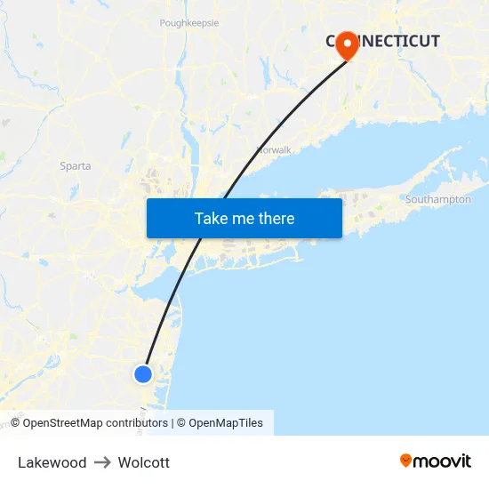 Lakewood to Wolcott map