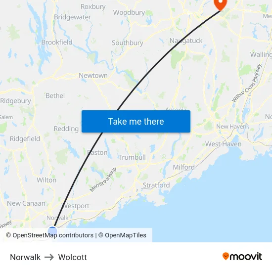Norwalk to Wolcott map