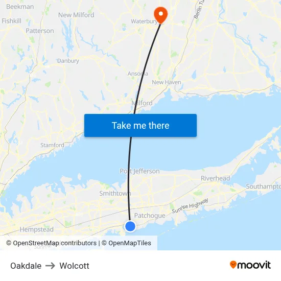 Oakdale to Wolcott map