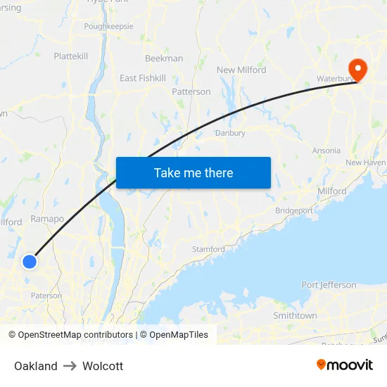 Oakland to Wolcott map