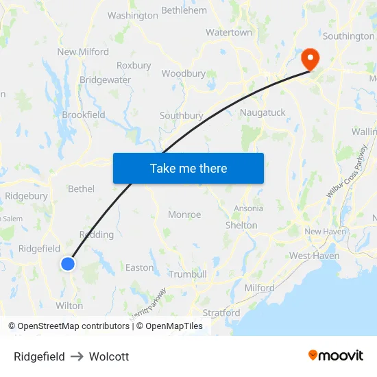 Ridgefield to Wolcott map