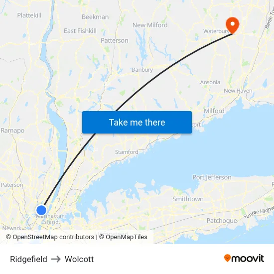 Ridgefield to Wolcott map