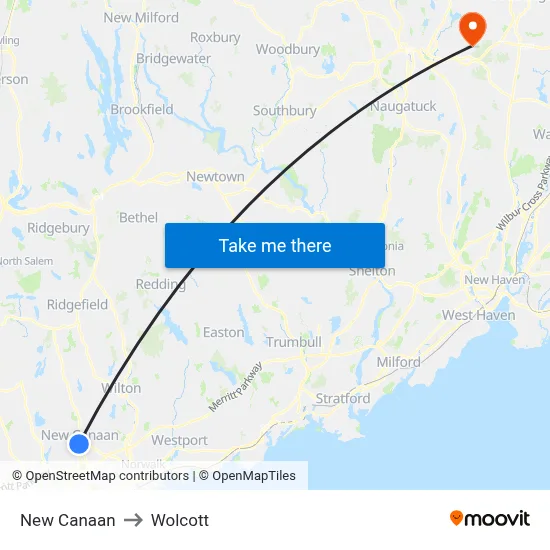 New Canaan to Wolcott map